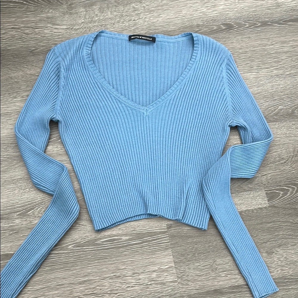 Blue V-Neck Ribbed Sweater Top